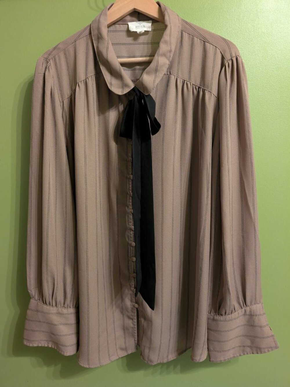 Perch by Blu Pepper Taupe Pinstripe Bow Tie Blouse Peter Pan Collar 3XL
